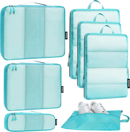 Ultralight Compression Cubes 7 Set - 3 Packing Cubes, 3 Organizers, and 1 Shoe Bag