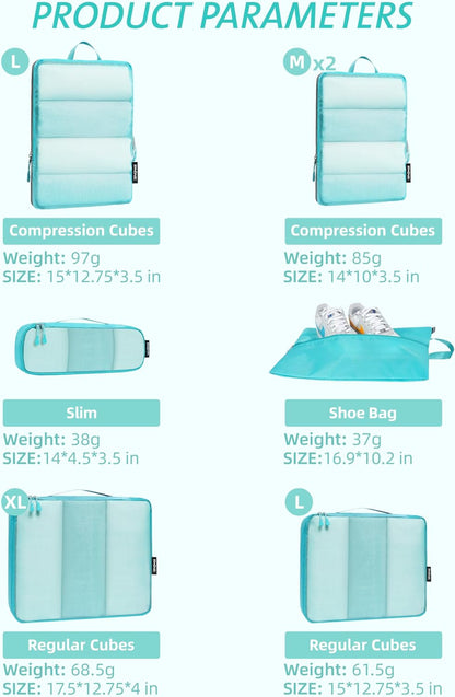 Ultralight Compression Cubes 7 Set - 3 Packing Cubes, 3 Organizers, and 1 Shoe Bag