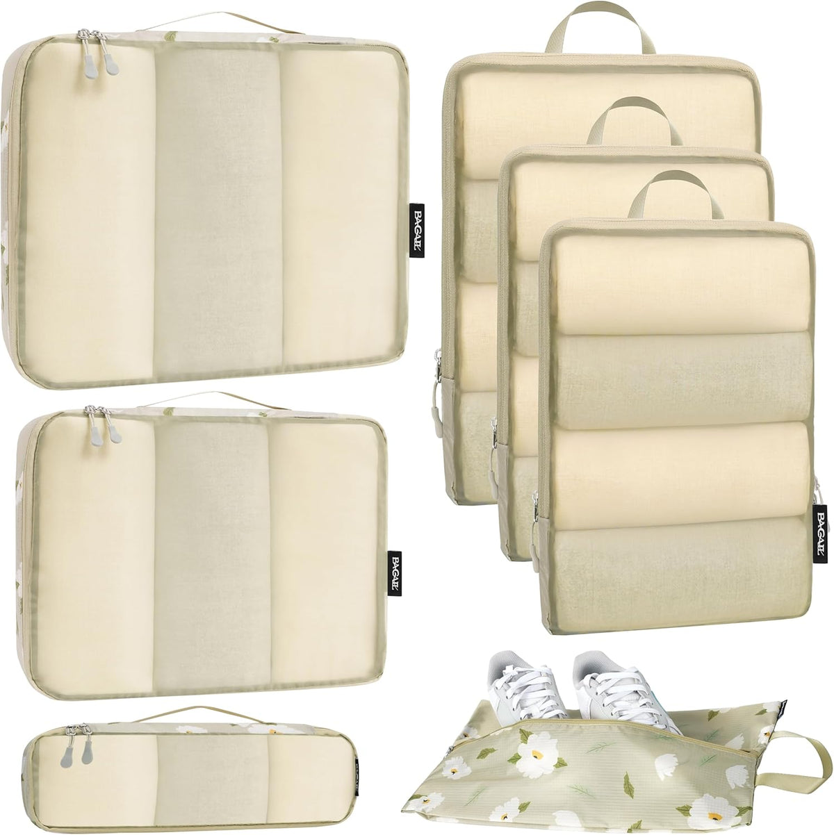 Ultralight Compression Cubes 7 Set - 3 Packing Cubes, 3 Organizers, and 1 Shoe Bag