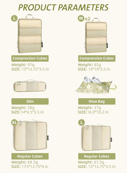 Ultralight Compression Cubes 7 Set - 3 Packing Cubes, 3 Organizers, and 1 Shoe Bag