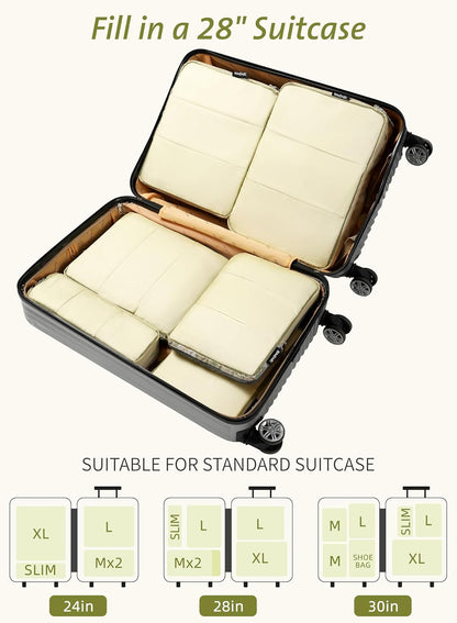 Ultralight Compression Cubes 7 Set - 3 Packing Cubes, 3 Organizers, and 1 Shoe Bag