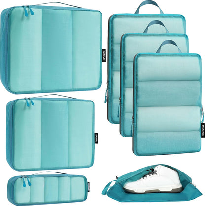 Ultralight Compression Cubes 7 Set - 3 Packing Cubes, 3 Organizers, and 1 Shoe Bag