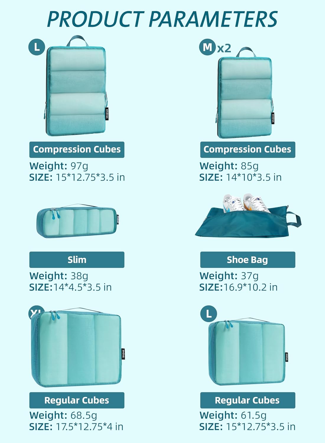 Ultralight Compression Cubes 7 Set - 3 Packing Cubes, 3 Organizers, and 1 Shoe Bag