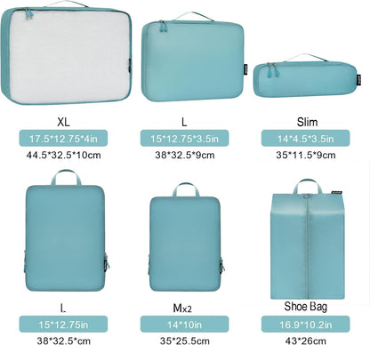 Ultralight Compression Cubes 7 Set - 3 Packing Cubes, 3 Organizers, and 1 Shoe Bag