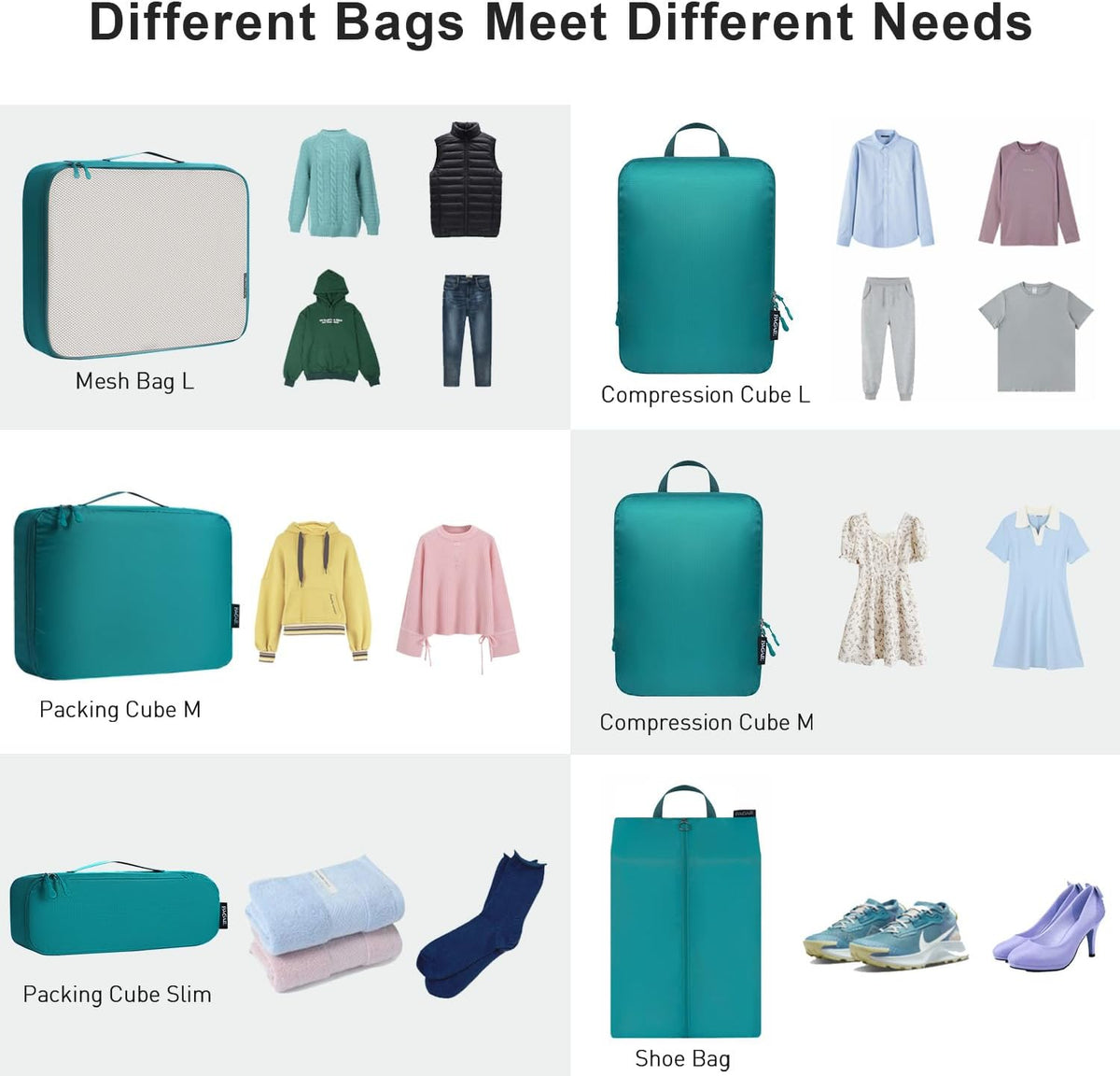 Ultralight Compression Cubes 7 Set - 3 Packing Cubes, 3 Organizers, and 1 Shoe Bag