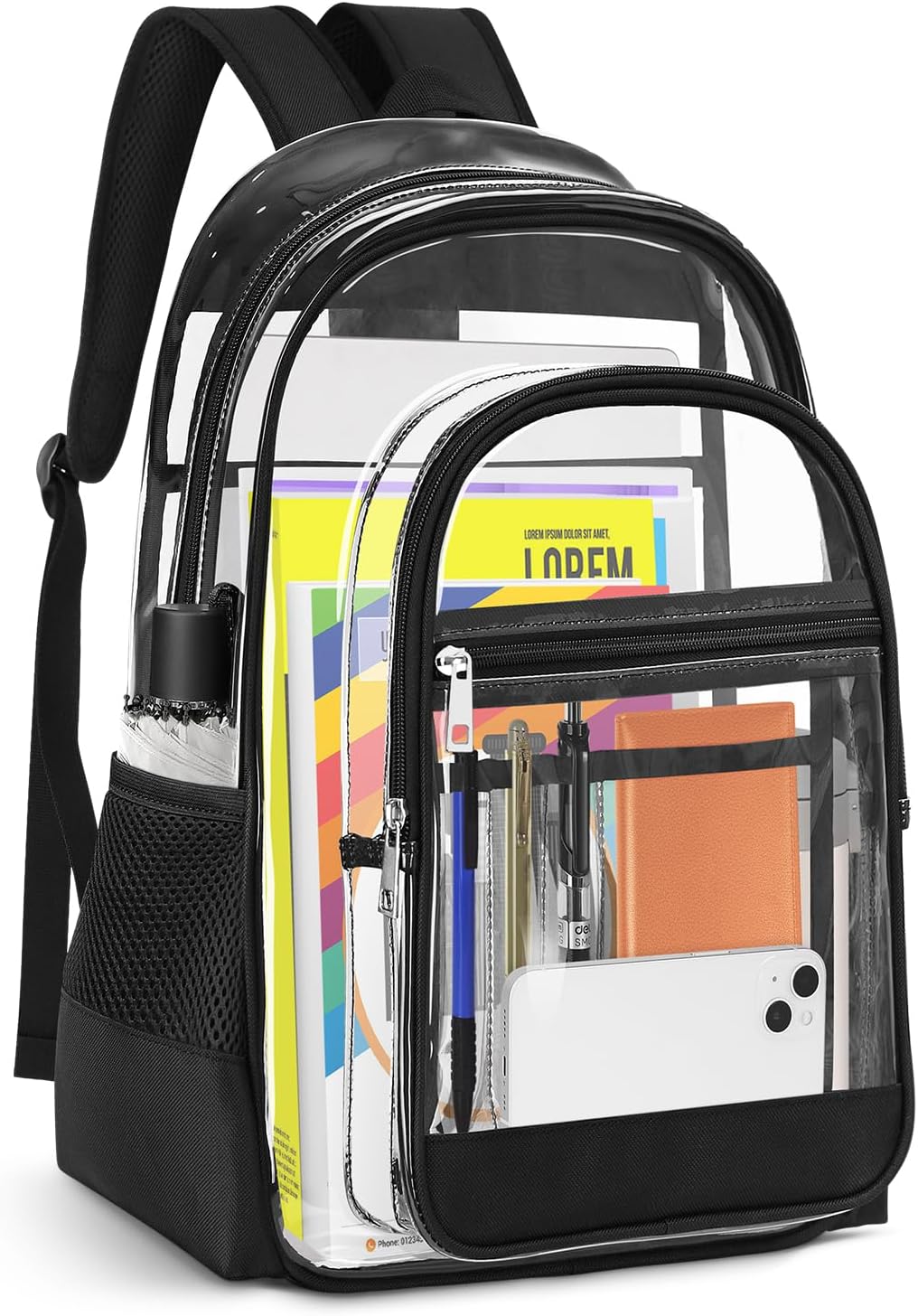 KIMNERPU Clear Backpack, Heavy Duty PVC Transparent Backpack with Reinforced Straps, See Through Multiple Pockets Large Capacity Bookbag for Concert Sport Event Work Security Travel Black-large