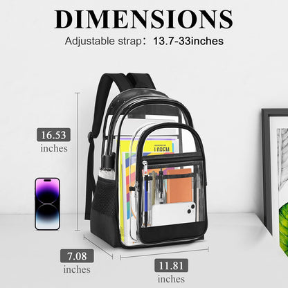 KIMNERPU Clear Backpack, Heavy Duty PVC Transparent Backpack with Reinforced Straps, See Through Multiple Pockets Large Capacity Bookbag for Concert Sport Event Work Security Travel Black-large