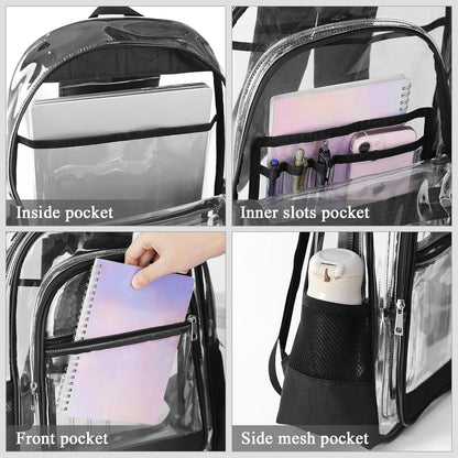 KIMNERPU Clear Backpack, Heavy Duty PVC Transparent Backpack with Reinforced Straps, See Through Multiple Pockets Large Capacity Bookbag for Concert Sport Event Work Security Travel Black-large