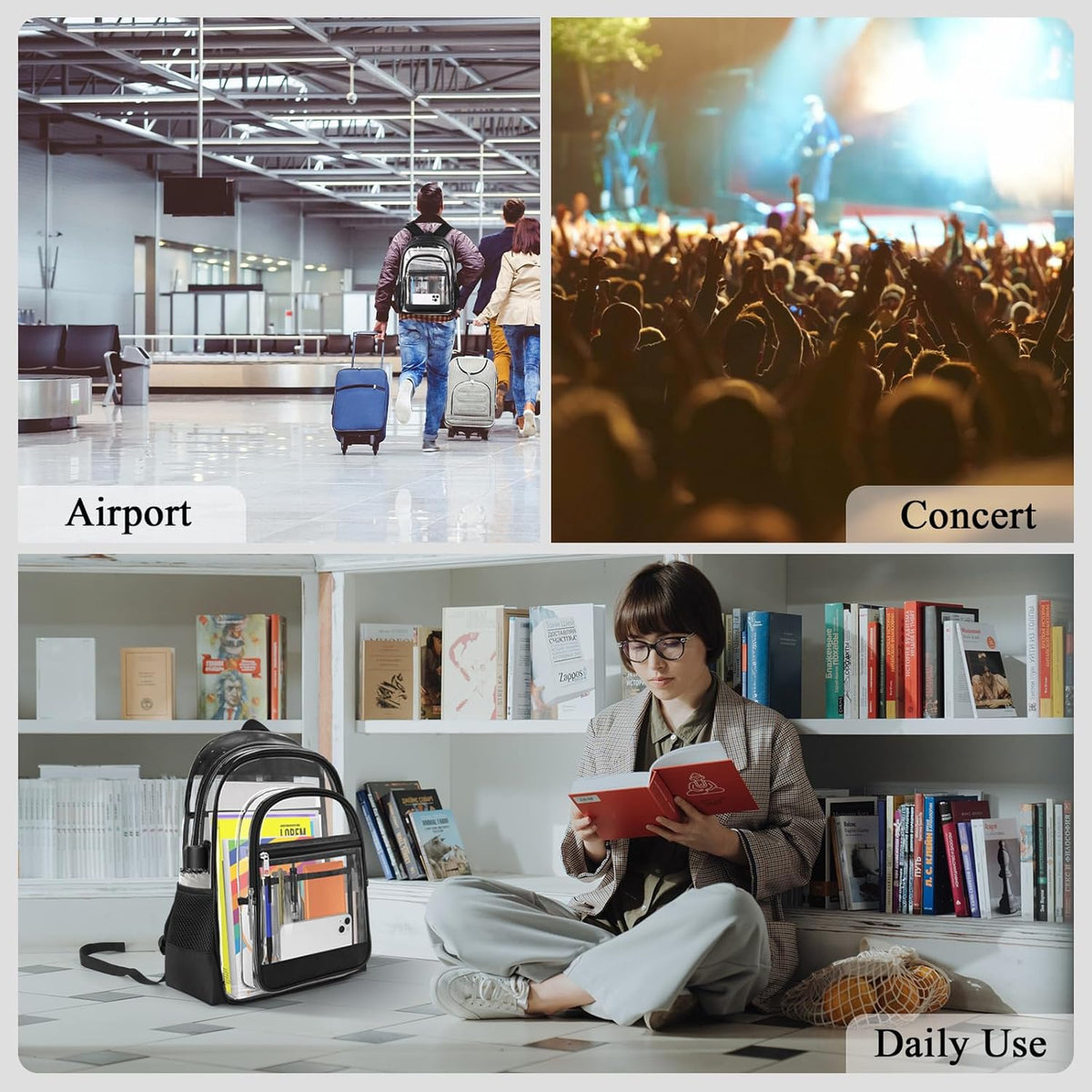 KIMNERPU Clear Backpack, Heavy Duty PVC Transparent Backpack with Reinforced Straps, See Through Multiple Pockets Large Capacity Bookbag for Concert Sport Event Work Security Travel Black-large