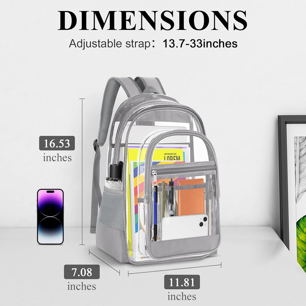 KIMNERPU Clear Backpack, Heavy Duty PVC Transparent Backpack with Reinforced Straps, See Through Multiple Pockets Large Capacity Bookbag for Concert Sport Event Work Security Travel Black-large