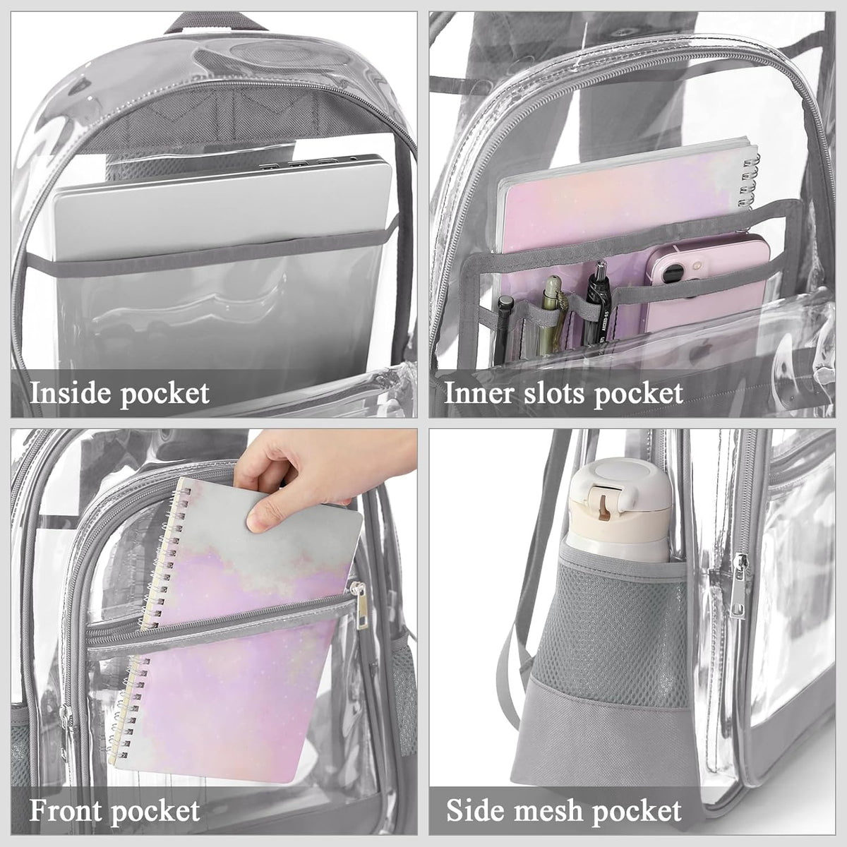 KIMNERPU Clear Backpack, Heavy Duty PVC Transparent Backpack with Reinforced Straps, See Through Multiple Pockets Large Capacity Bookbag for Concert Sport Event Work Security Travel Black-large