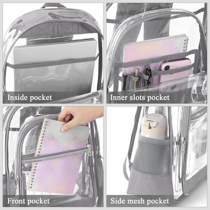 KIMNERPU Clear Backpack, Heavy Duty PVC Transparent Backpack with Reinforced Straps, See Through Multiple Pockets Large Capacity Bookbag for Concert Sport Event Work Security Travel Black-large