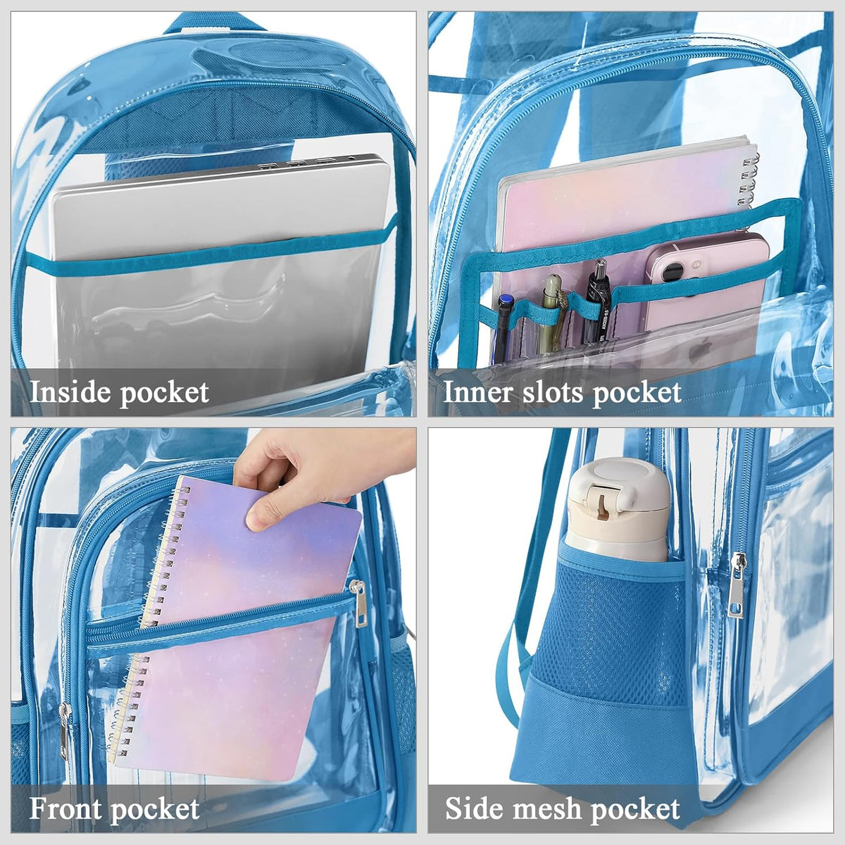 KIMNERPU Clear Backpack, Heavy Duty PVC Transparent Backpack with Reinforced Straps, See Through Multiple Pockets Large Capacity Bookbag for Concert Sport Event Work Security Travel Black-large