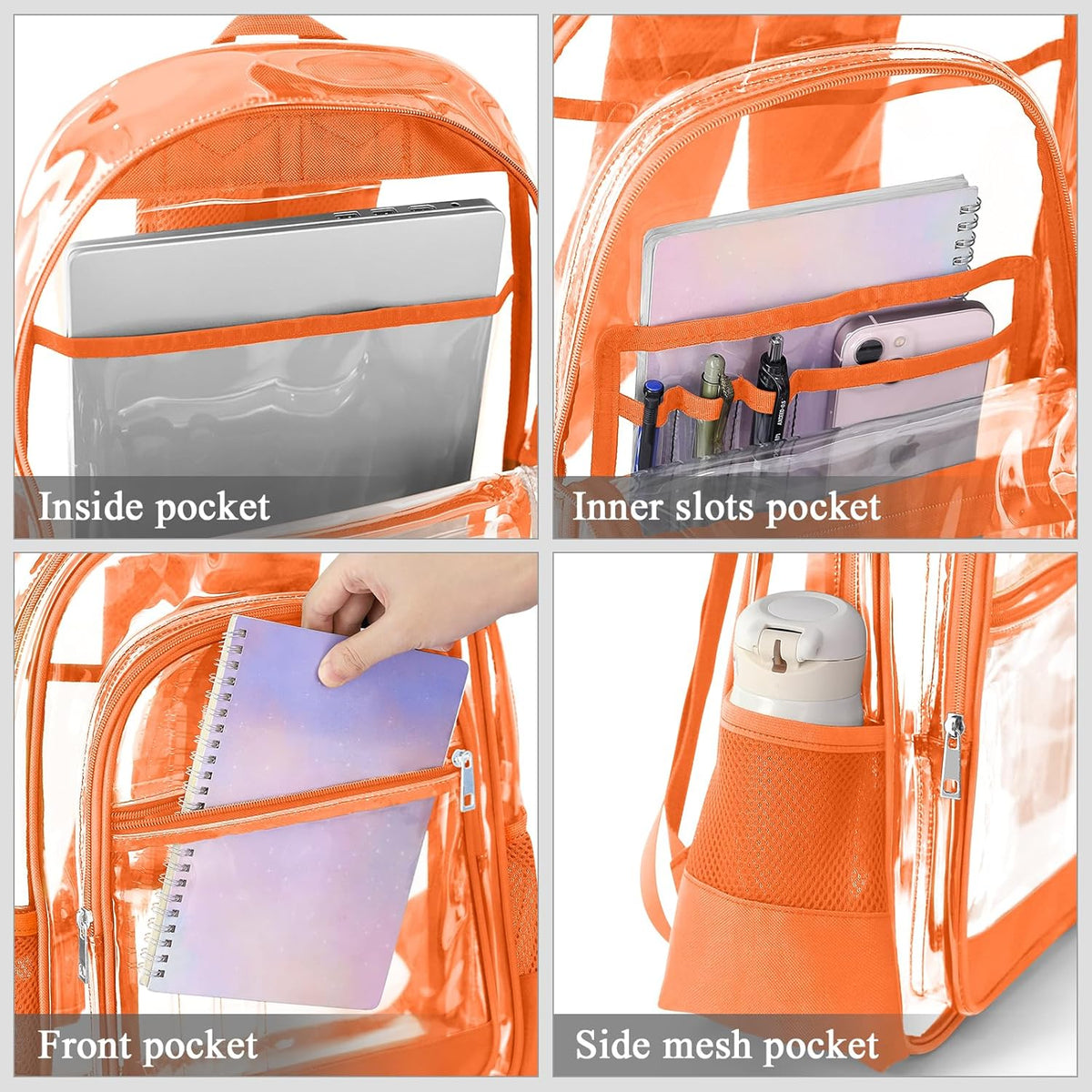 KIMNERPU Clear Backpack, Heavy Duty PVC Transparent Backpack with Reinforced Straps, See Through Multiple Pockets Large Capacity Bookbag for Concert Sport Event Work Security Travel Black-large
