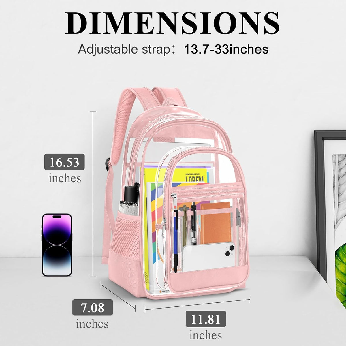 KIMNERPU Clear Backpack, Heavy Duty PVC Transparent Backpack with Reinforced Straps, See Through Multiple Pockets Large Capacity Bookbag for Concert Sport Event Work Security Travel Black-large