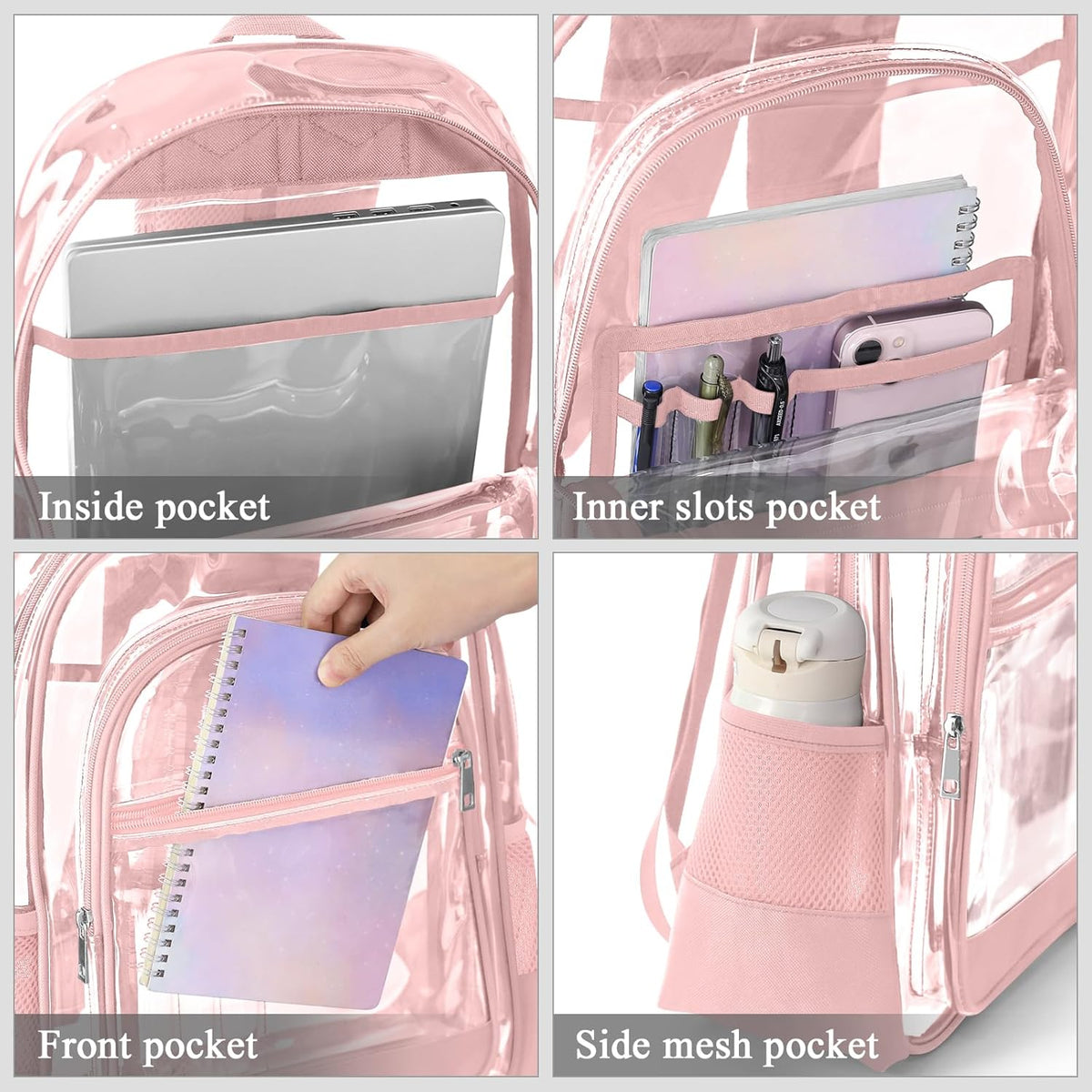 KIMNERPU Clear Backpack, Heavy Duty PVC Transparent Backpack with Reinforced Straps, See Through Multiple Pockets Large Capacity Bookbag for Concert Sport Event Work Security Travel Black-large