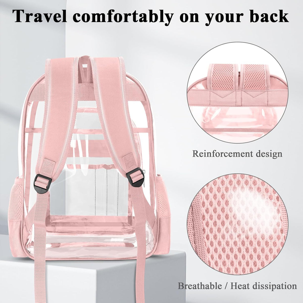 KIMNERPU Clear Backpack, Heavy Duty PVC Transparent Backpack with Reinforced Straps, See Through Multiple Pockets Large Capacity Bookbag for Concert Sport Event Work Security Travel Black-large
