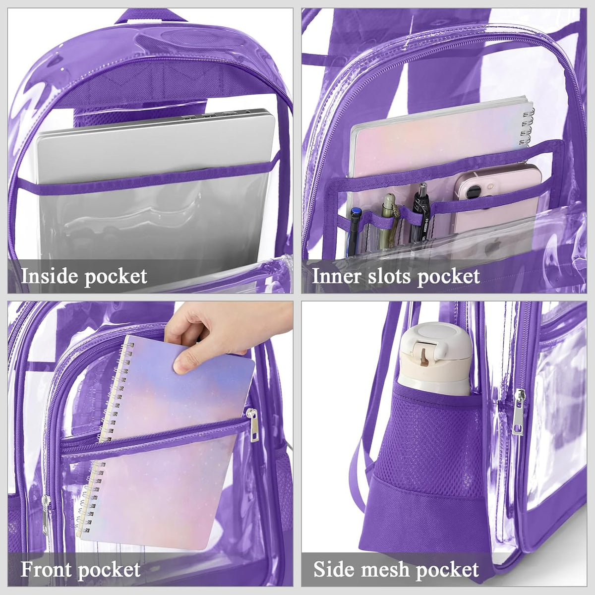 KIMNERPU Clear Backpack, Heavy Duty PVC Transparent Backpack with Reinforced Straps, See Through Multiple Pockets Large Capacity Bookbag for Concert Sport Event Work Security Travel Black-large