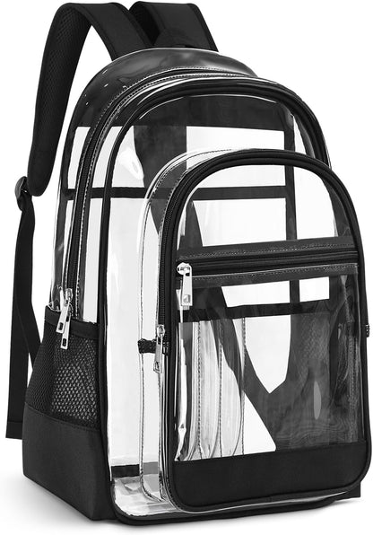KIMNERPU Clear Backpack, Heavy Duty PVC Transparent Backpack with Reinforced Straps, See Through Multiple Pockets Large Capacity Bookbag for Concert Sport Event Work Security Travel Black-large