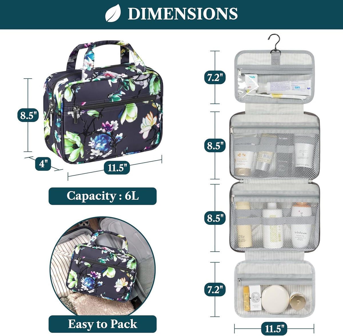 Hanging Toiletry Bag for Women, Large Foldable Travel Toiletry Organizer with Hook, Water Resistant Makeup & Cosmetic Case for Toiletries Skincare Shampoo, Dopp Kit Travel Bag (Purple Floral)