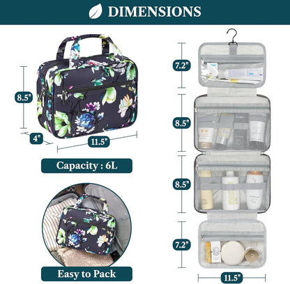 Hanging Toiletry Bag for Women, Large Foldable Travel Toiletry Organizer with Hook, Water Resistant Makeup & Cosmetic Case for Toiletries Skincare Shampoo, Dopp Kit Travel Bag (Purple Floral)