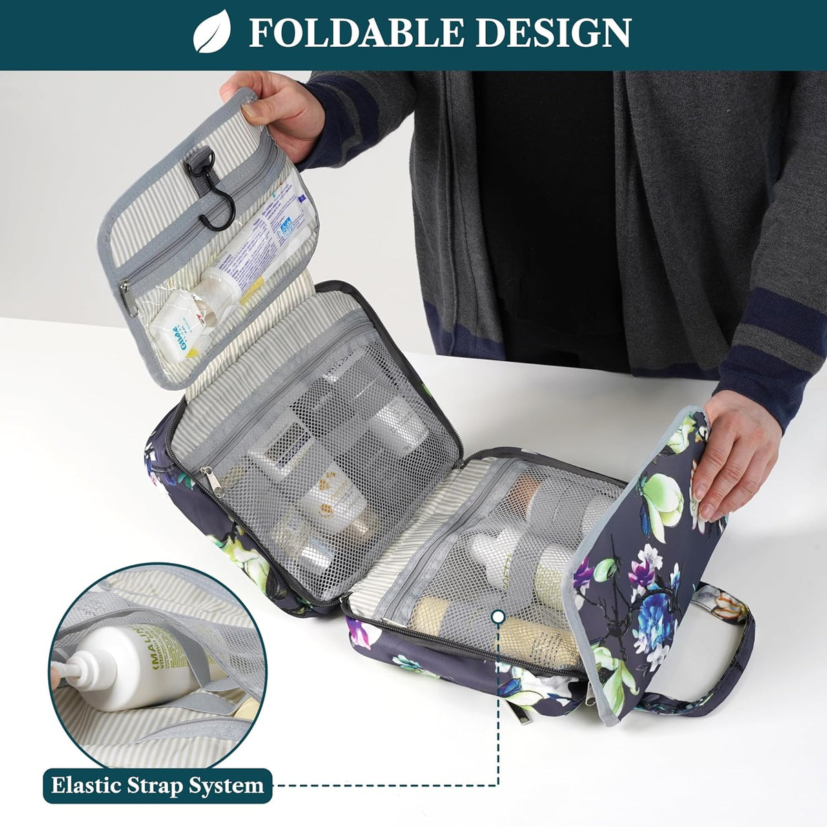 Hanging Toiletry Bag for Women, Large Foldable Travel Toiletry Organizer with Hook, Water Resistant Makeup & Cosmetic Case for Toiletries Skincare Shampoo, Dopp Kit Travel Bag (Purple Floral)