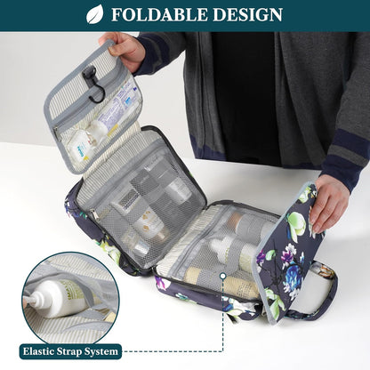 Hanging Toiletry Bag for Women, Large Foldable Travel Toiletry Organizer with Hook, Water Resistant Makeup & Cosmetic Case for Toiletries Skincare Shampoo, Dopp Kit Travel Bag (Purple Floral)