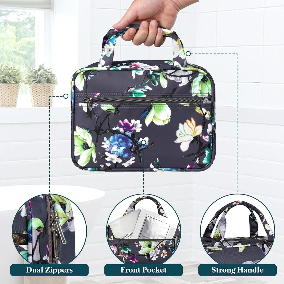Hanging Toiletry Bag for Women, Large Foldable Travel Toiletry Organizer with Hook, Water Resistant Makeup & Cosmetic Case for Toiletries Skincare Shampoo, Dopp Kit Travel Bag (Purple Floral)