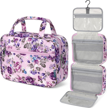 Hanging Toiletry Bag for Women, Large Foldable Travel Toiletry Organizer with Hook, Water Resistant Makeup & Cosmetic Case for Toiletries Skincare Shampoo, Dopp Kit Travel Bag (Purple Floral)