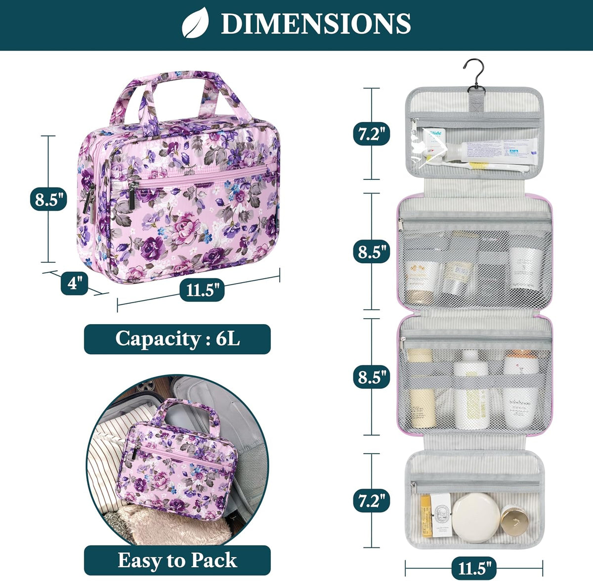 Hanging Toiletry Bag for Women, Large Foldable Travel Toiletry Organizer with Hook, Water Resistant Makeup & Cosmetic Case for Toiletries Skincare Shampoo, Dopp Kit Travel Bag (Purple Floral)