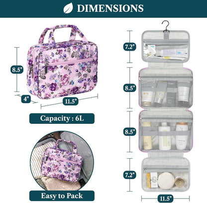 Hanging Toiletry Bag for Women, Large Foldable Travel Toiletry Organizer with Hook, Water Resistant Makeup & Cosmetic Case for Toiletries Skincare Shampoo, Dopp Kit Travel Bag (Purple Floral)