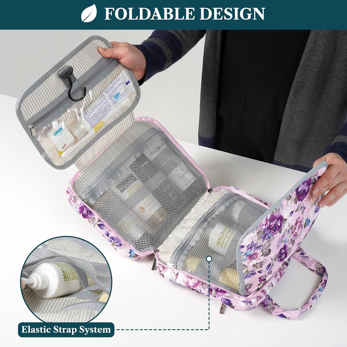 Hanging Toiletry Bag for Women, Large Foldable Travel Toiletry Organizer with Hook, Water Resistant Makeup & Cosmetic Case for Toiletries Skincare Shampoo, Dopp Kit Travel Bag (Purple Floral)