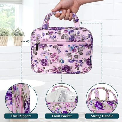 Hanging Toiletry Bag for Women, Large Foldable Travel Toiletry Organizer with Hook, Water Resistant Makeup & Cosmetic Case for Toiletries Skincare Shampoo, Dopp Kit Travel Bag (Purple Floral)