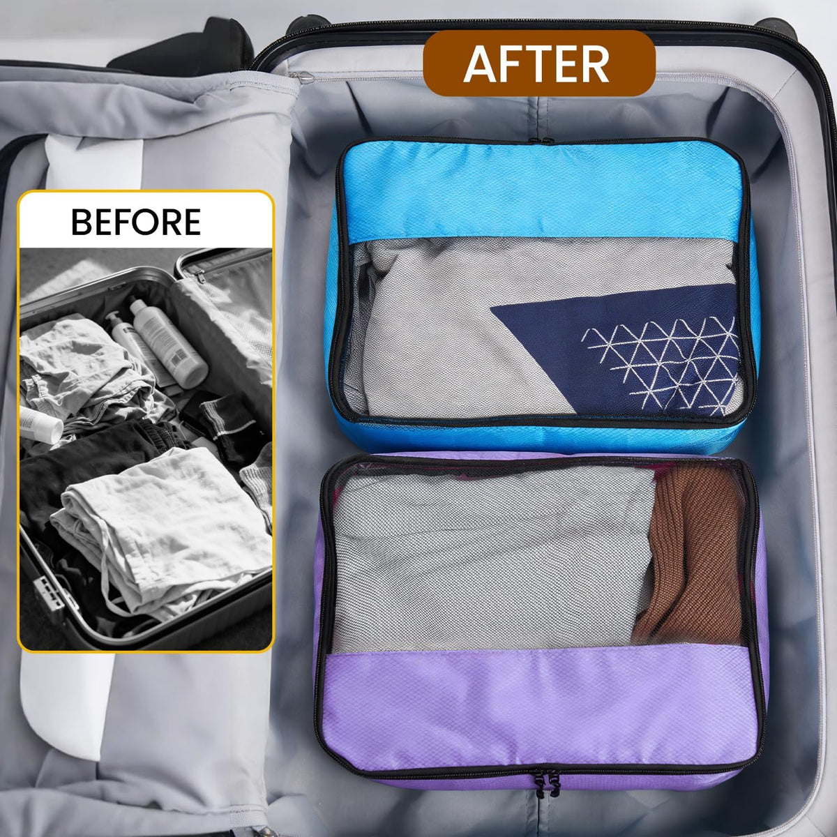 Packing Cubes Travel Storage Set, 5 Piece Luggage Organizer Bags, Multi-Color Compression Bags for Clothes, 15.7x12.2x3.9 Inch