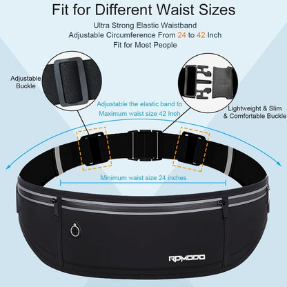 Fanny Pack for Women Men, Slim Running Belt Waist Bag Outdoor, Black | Water Resistant Running Phone Holder, 3 Pockets, Adjustable Money Belt, Running Pouch for iPhone Pro Max Xr SE Samsung Series