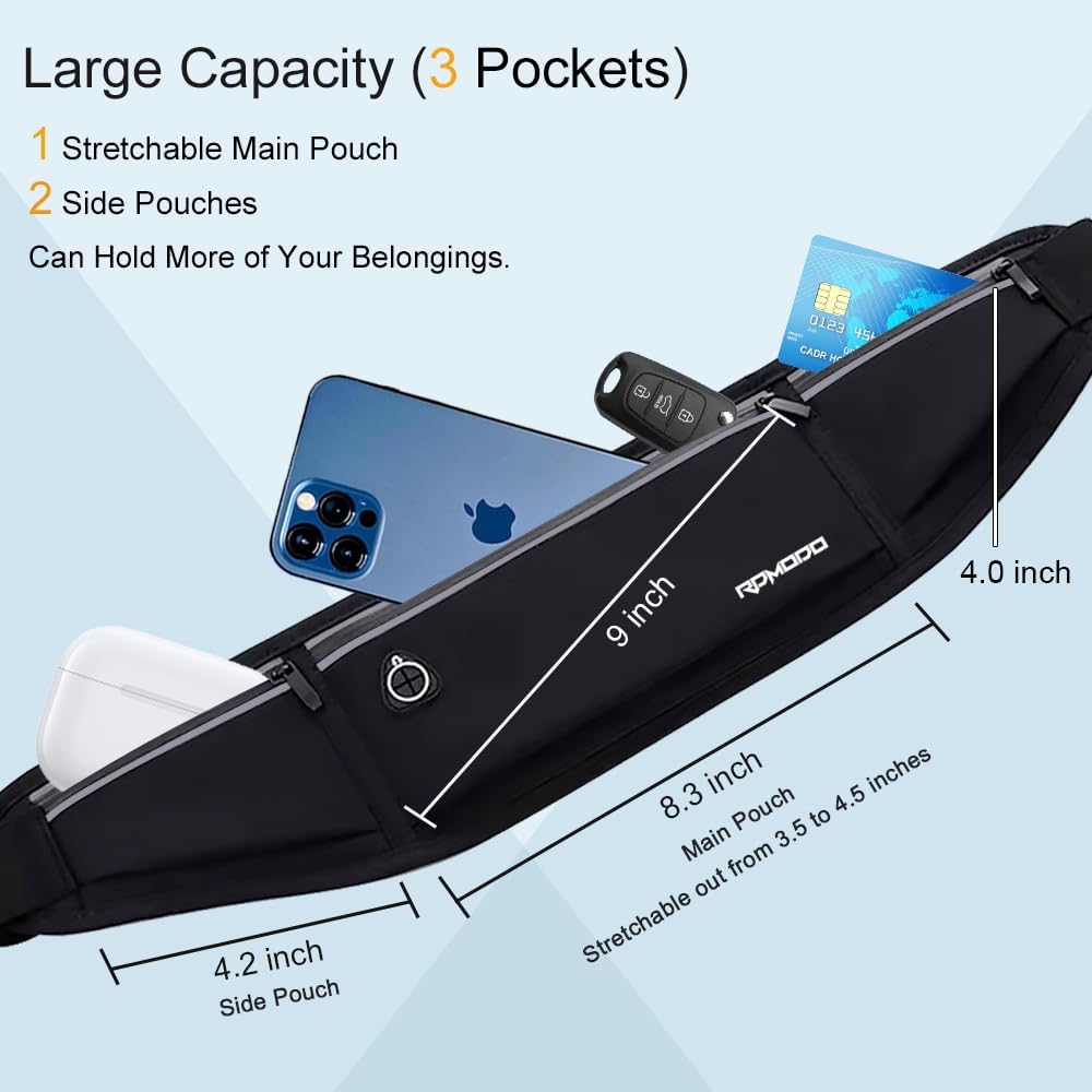 Fanny Pack for Women Men, Slim Running Belt Waist Bag Outdoor, Black | Water Resistant Running Phone Holder, 3 Pockets, Adjustable Money Belt, Running Pouch for iPhone Pro Max Xr SE Samsung Series
