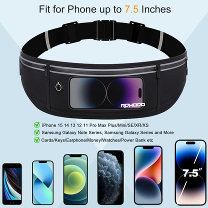 Fanny Pack for Women Men, Slim Running Belt Waist Bag Outdoor, Black | Water Resistant Running Phone Holder, 3 Pockets, Adjustable Money Belt, Running Pouch for iPhone Pro Max Xr SE Samsung Series