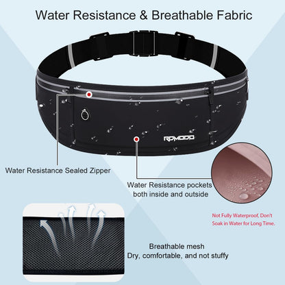 Fanny Pack for Women Men, Slim Running Belt Waist Bag Outdoor, Black | Water Resistant Running Phone Holder, 3 Pockets, Adjustable Money Belt, Running Pouch for iPhone Pro Max Xr SE Samsung Series
