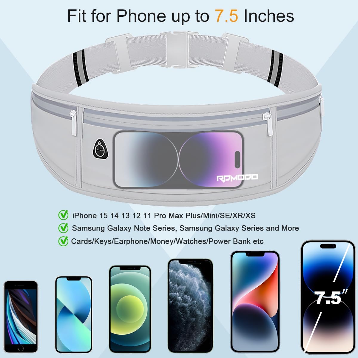 Fanny Pack for Women Men, Slim Running Belt Waist Bag Outdoor, Black | Water Resistant Running Phone Holder, 3 Pockets, Adjustable Money Belt, Running Pouch for iPhone Pro Max Xr SE Samsung Series