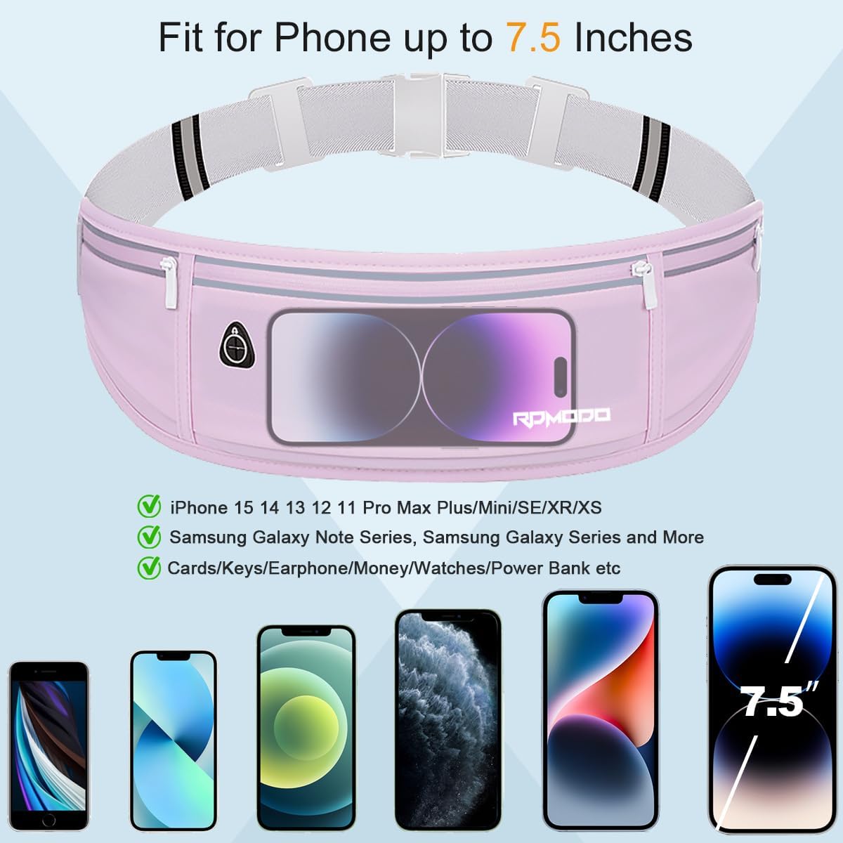 Fanny Pack for Women Men, Slim Running Belt Waist Bag Outdoor, Black | Water Resistant Running Phone Holder, 3 Pockets, Adjustable Money Belt, Running Pouch for iPhone Pro Max Xr SE Samsung Series