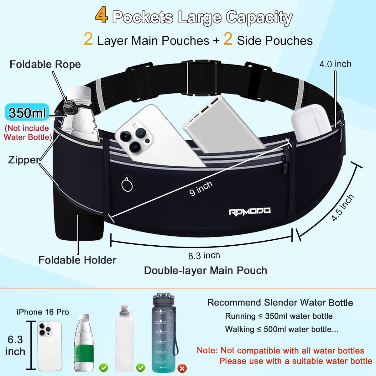 Fanny Pack for Women Men, Slim Running Belt Waist Bag Outdoor, Black | Water Resistant Running Phone Holder, 3 Pockets, Adjustable Money Belt, Running Pouch for iPhone Pro Max Xr SE Samsung Series