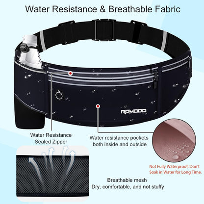 Fanny Pack for Women Men, Slim Running Belt Waist Bag Outdoor, Black | Water Resistant Running Phone Holder, 3 Pockets, Adjustable Money Belt, Running Pouch for iPhone Pro Max Xr SE Samsung Series