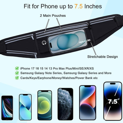 Fanny Pack for Women Men, Slim Running Belt Waist Bag Outdoor, Black | Water Resistant Running Phone Holder, 3 Pockets, Adjustable Money Belt, Running Pouch for iPhone Pro Max Xr SE Samsung Series