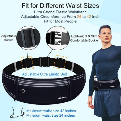 Fanny Pack for Women Men, Slim Running Belt Waist Bag Outdoor, Black | Water Resistant Running Phone Holder, 3 Pockets, Adjustable Money Belt, Running Pouch for iPhone Pro Max Xr SE Samsung Series