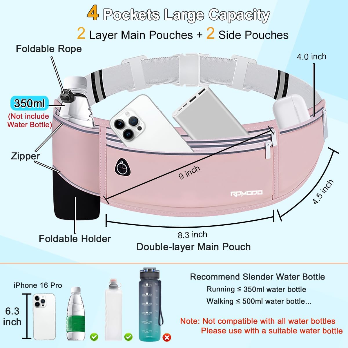 Fanny Pack for Women Men, Slim Running Belt Waist Bag Outdoor, Black | Water Resistant Running Phone Holder, 3 Pockets, Adjustable Money Belt, Running Pouch for iPhone Pro Max Xr SE Samsung Series