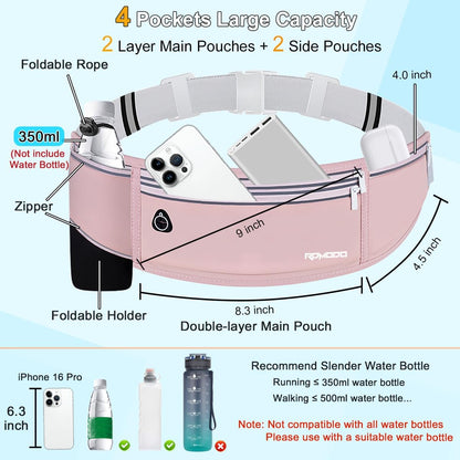 Fanny Pack for Women Men, Slim Running Belt Waist Bag Outdoor, Black | Water Resistant Running Phone Holder, 3 Pockets, Adjustable Money Belt, Running Pouch for iPhone Pro Max Xr SE Samsung Series