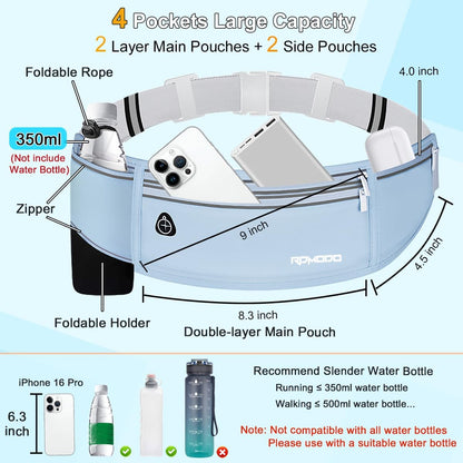 Fanny Pack for Women Men, Slim Running Belt Waist Bag Outdoor, Black | Water Resistant Running Phone Holder, 3 Pockets, Adjustable Money Belt, Running Pouch for iPhone Pro Max Xr SE Samsung Series