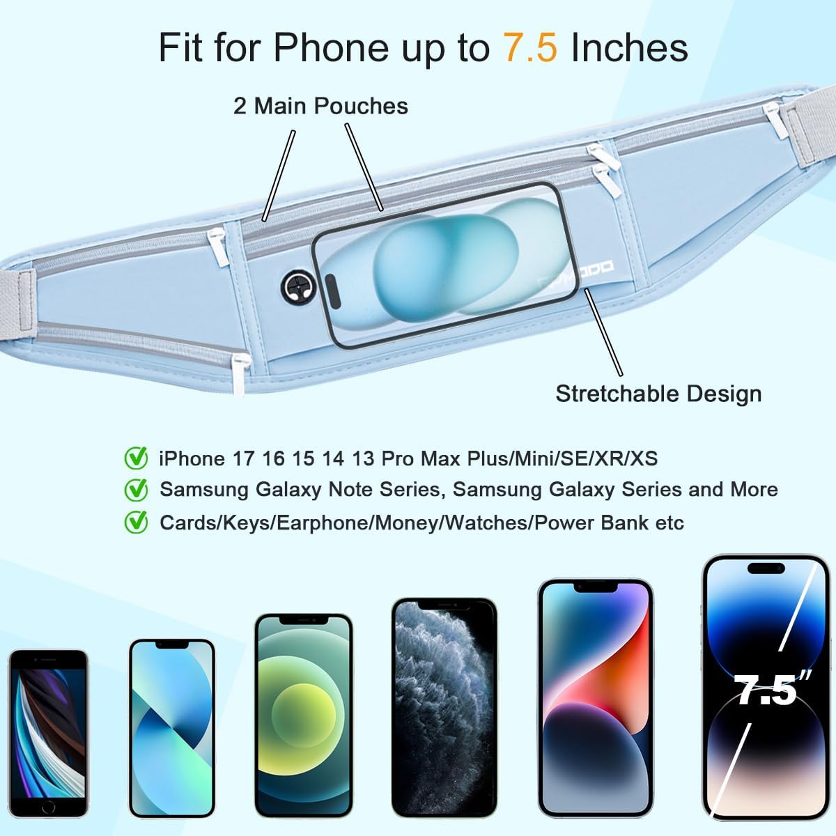 Fanny Pack for Women Men, Slim Running Belt Waist Bag Outdoor, Black | Water Resistant Running Phone Holder, 3 Pockets, Adjustable Money Belt, Running Pouch for iPhone Pro Max Xr SE Samsung Series