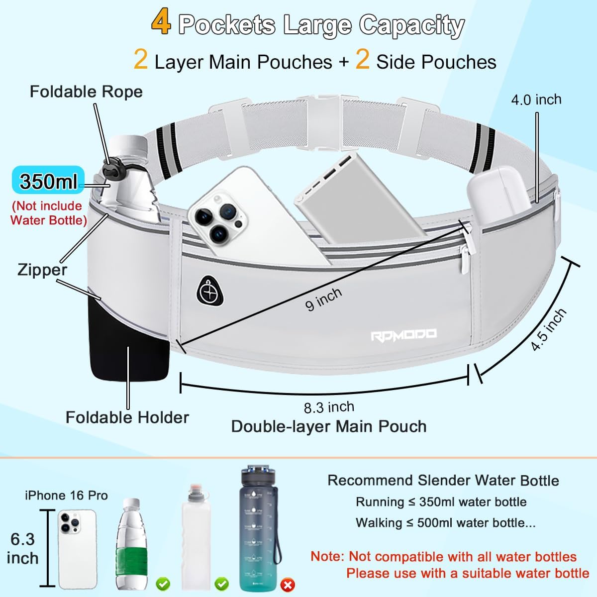 Fanny Pack for Women Men, Slim Running Belt Waist Bag Outdoor, Black | Water Resistant Running Phone Holder, 3 Pockets, Adjustable Money Belt, Running Pouch for iPhone Pro Max Xr SE Samsung Series