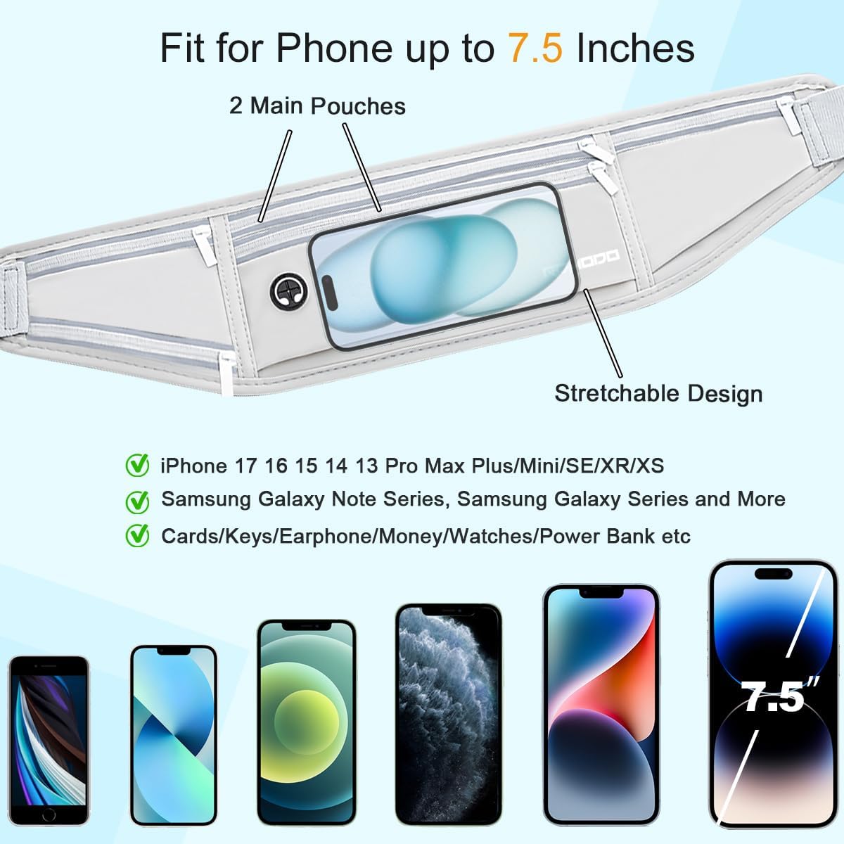Fanny Pack for Women Men, Slim Running Belt Waist Bag Outdoor, Black | Water Resistant Running Phone Holder, 3 Pockets, Adjustable Money Belt, Running Pouch for iPhone Pro Max Xr SE Samsung Series